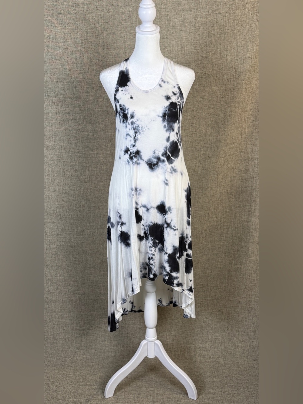 American Twist Black & White Tie-Dye High-Low Racerback Dress